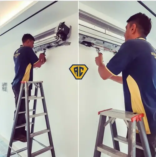 Certified technician servicing ceiling cassette unit โ ac service